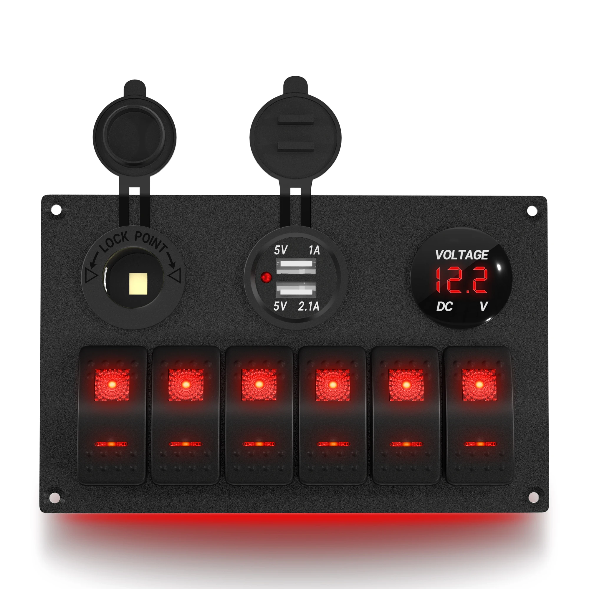 6 Gang Toggle Rocker Switch Panel With Green LED & 4.8A USB For 12V Marine & RV