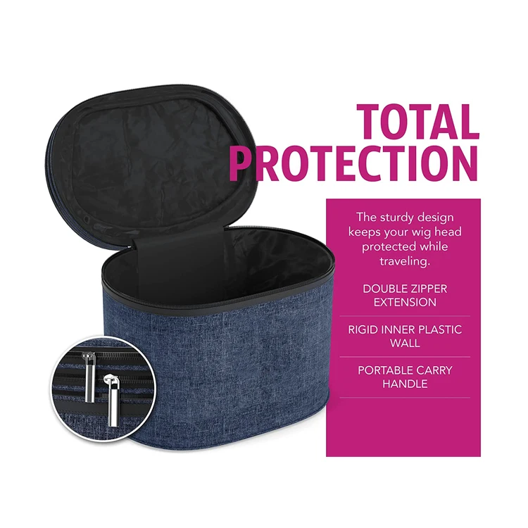 Newest Design Nylon Navy Blue Lightweight Portable Wig Travel Carrying Case Storage Bag With