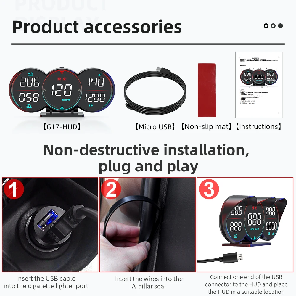 G17 Car Digital Speedometer Hud MPH KMH Car Head up Displays High Temperature Alarm for All Cars