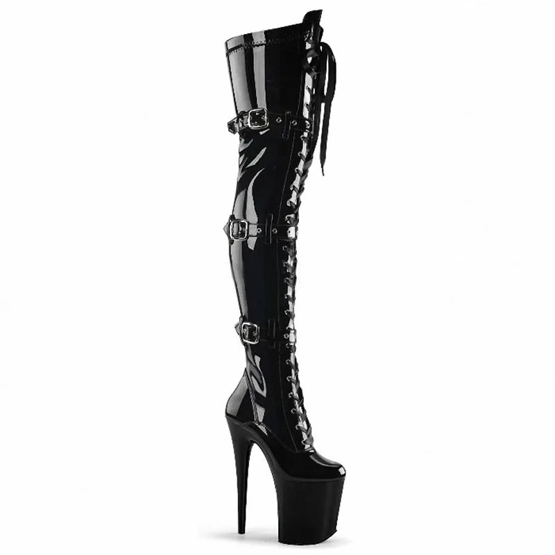 20cm High Heels Platform Knee Black Buckle Narrow Band Pu Lady Shoes 8 ...