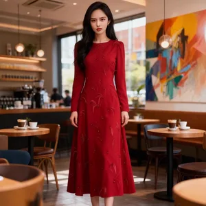 Bettergirl Fashion Ramadan 2026 Spring New French Round Neck Slim Feather Beaded Red Long Dress Elegant Casual Party Dress
