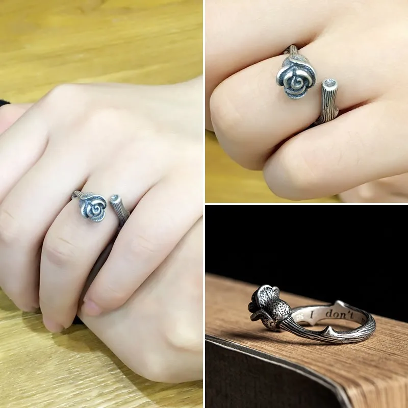 S925 Sterling silver Rose Opening Ring Vintage personality exquisite Punk ring