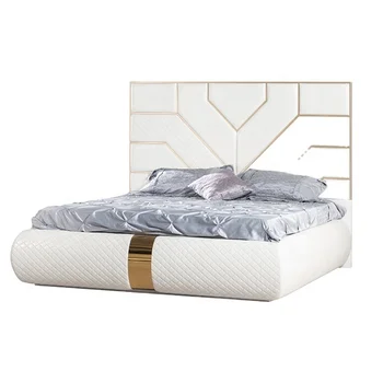 Home Furniture White Luxury Oak Solid Wood Leather Upholstered Platform Double Bed Frame For Adult Bedroom