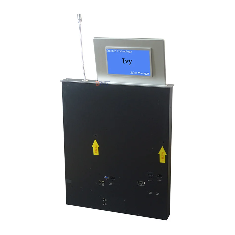 Build in Microphone Desk Hidden Pop up Lcd Monitor Lift Integrated Retractable 17.3" Screen With Name Display