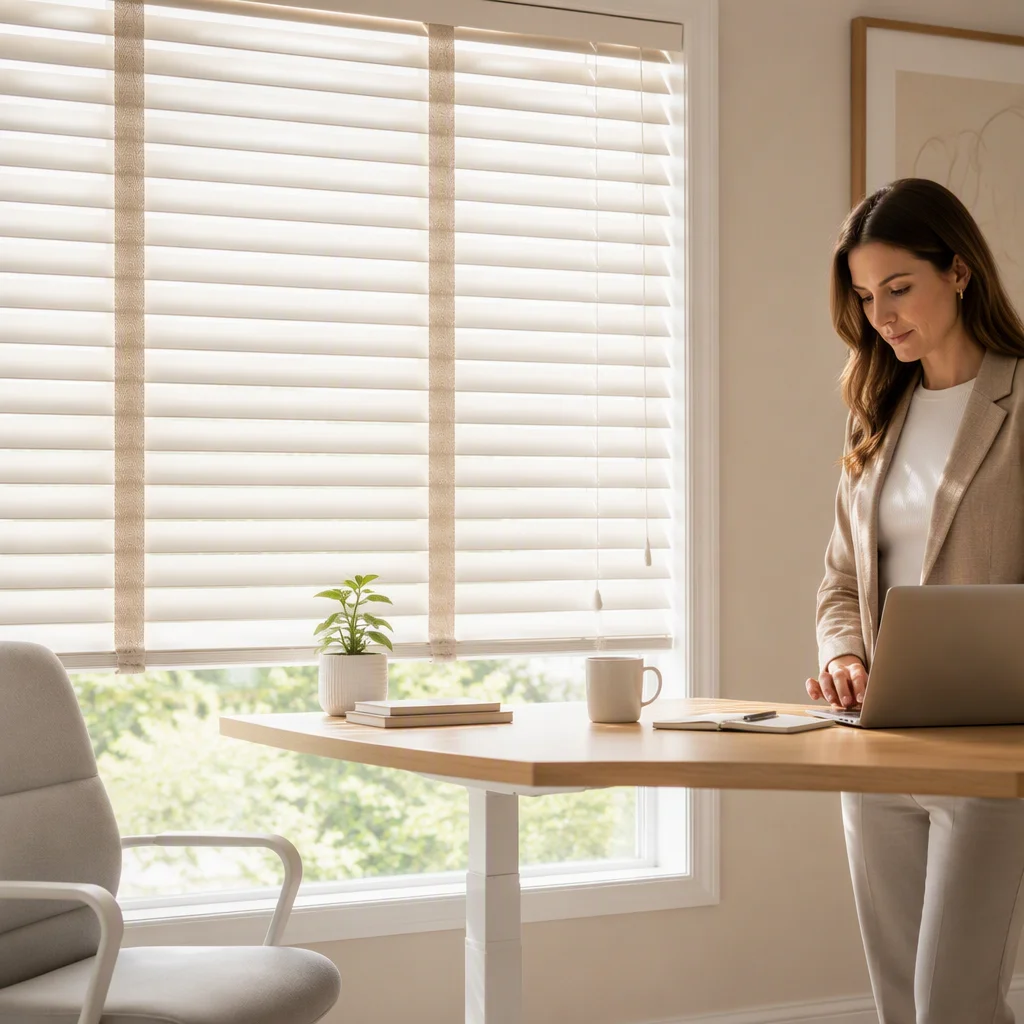 Wood Venetian Blinds 50mm Wide Herringbone Ladder Tape Pull Cord Painted White Custom Size Home Office Glare Control Factory