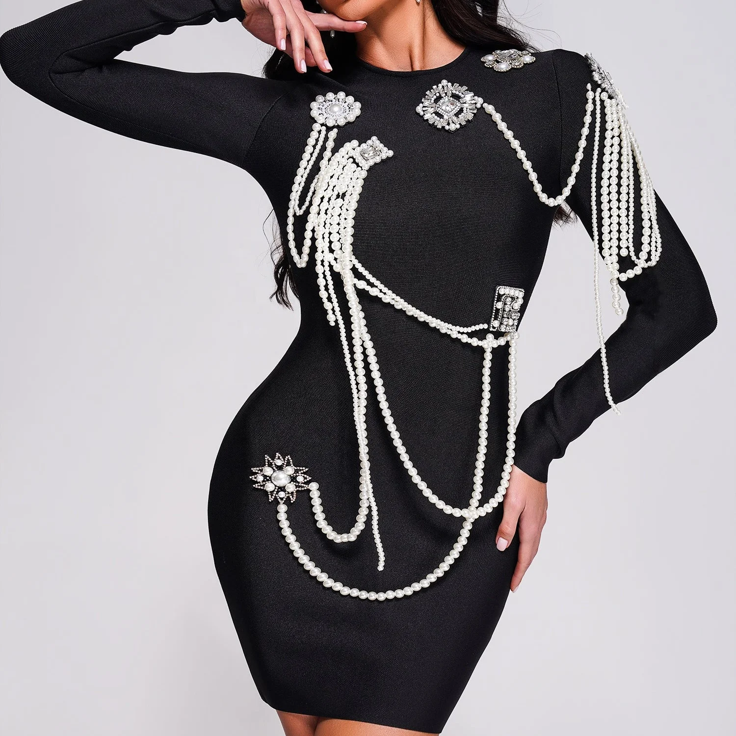New Autumn Fall Vintage Long Sleeved Mini Bodycon Black Bandage Pearl  Beaded Cocktail Birthday Party Casual Dress Women Elegant