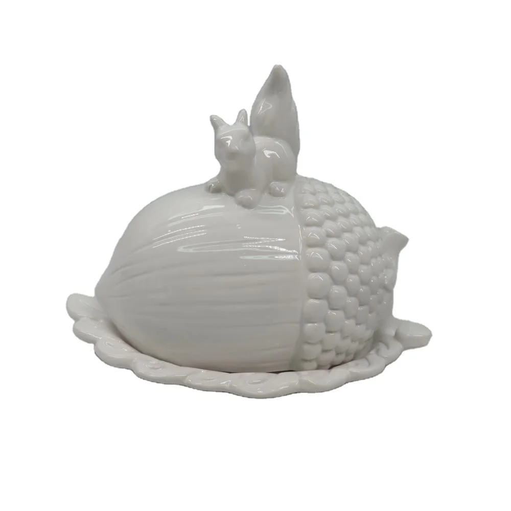Squirrel Butter Dish, Leaf Plate with Pinecone Nut Lid,Acorn