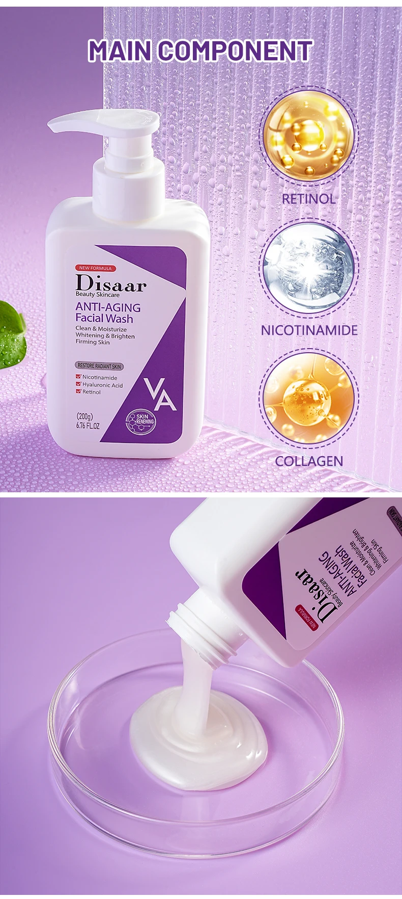 Retinol & Nicotinamide Whitening Reduce Wrinkle Face Cleanser Firming Moisturizing Mild Cleansing Repair Face Wash