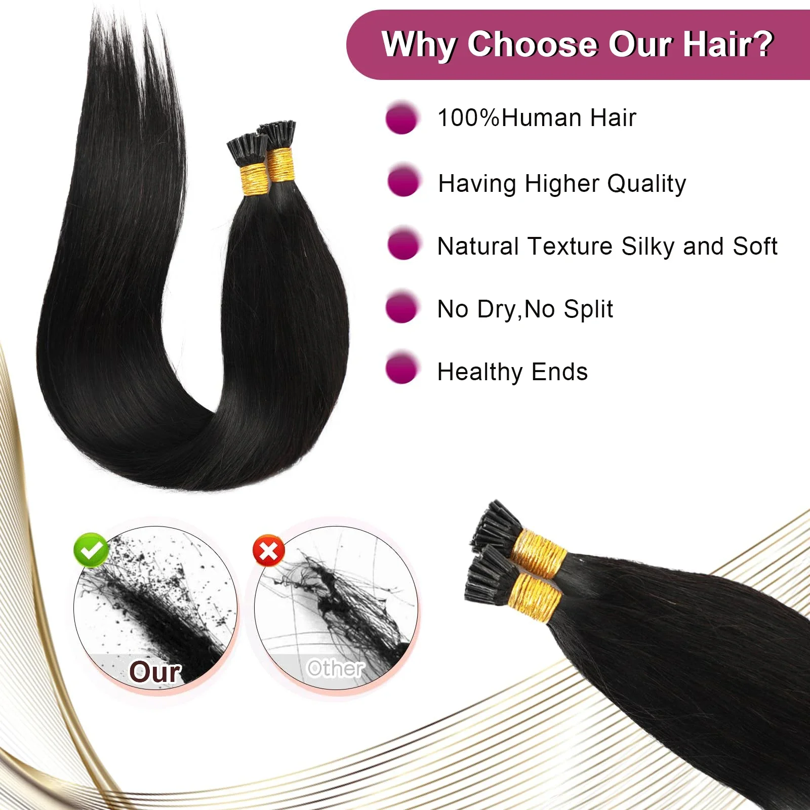 I Tip Hair Extensions Straight 100% Real Human Hair Extensions 50pcs Set Keratin Capsule 1B Natural Black 16-26Inch For Women_voghion.com