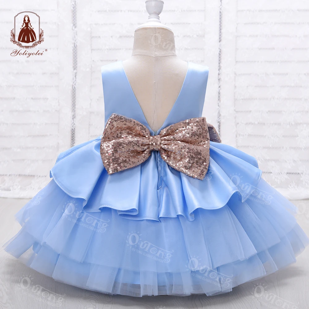 Yoliyolei оптовая продажа Одежда для младенцев летнее сатиновое многослойное Тюлевое официальное платье без рукавов с V-образным вырезом на спине девочек детское праздничное большим бантом
