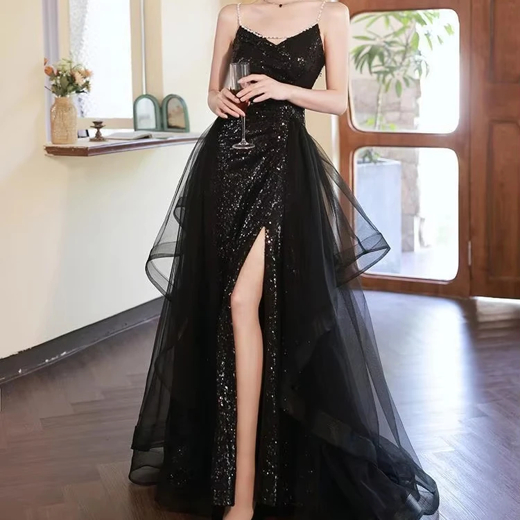 S1621R New Black Sexy Pearl Tube Top Sling Temperament High Quality Noble  Evening Dress