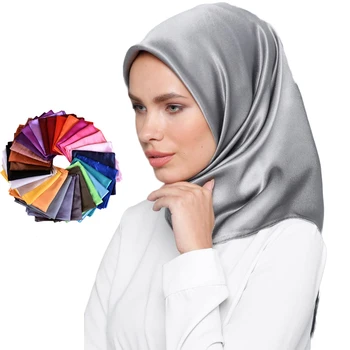 New 90*90 malaysia Solid color Silky satin square muslim scarf wholesale monochrome fashion women cheap headscarf scarves