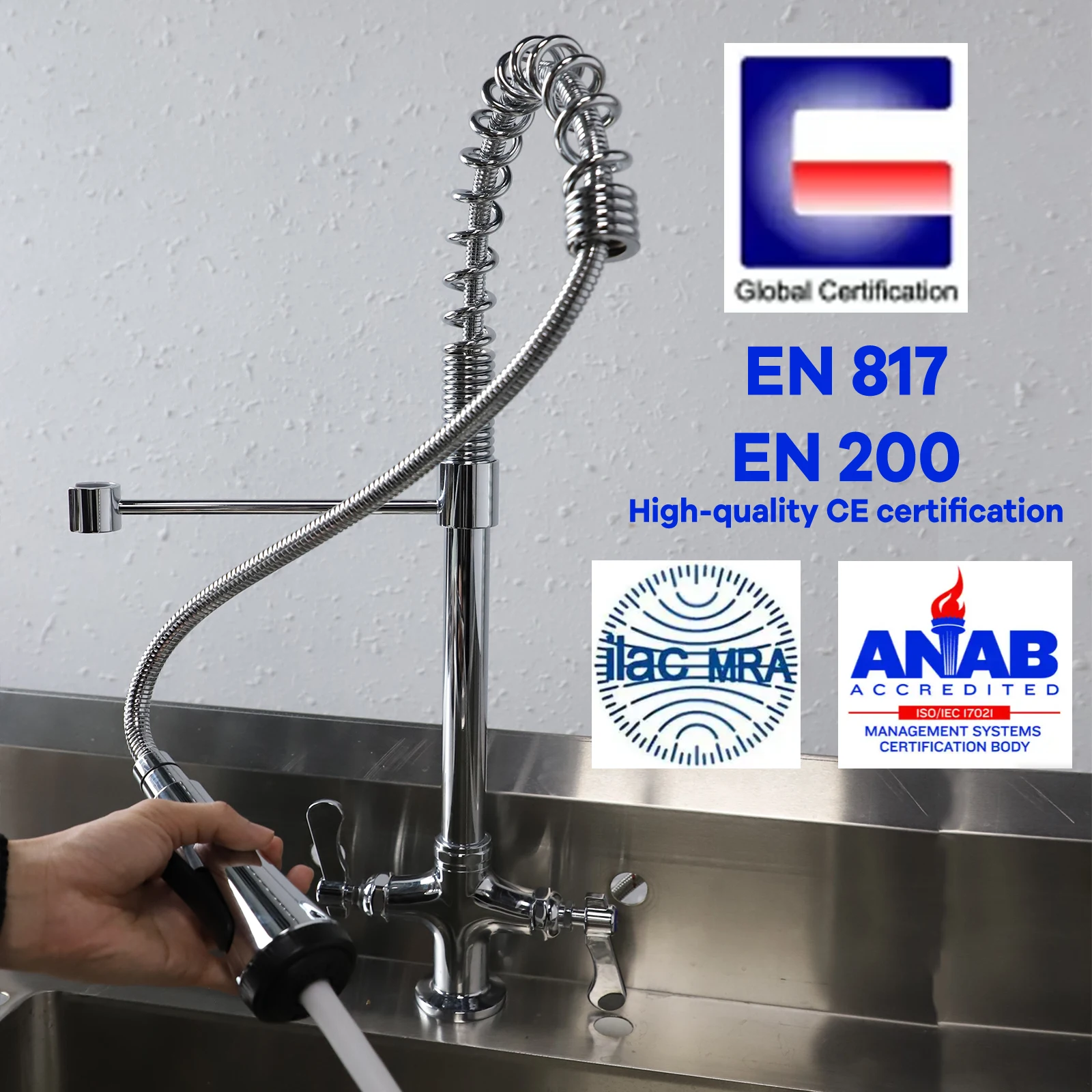 Patent Modern Dual Handle Deck Mounted Pre-Rinse Pull Down Out Home/commercial Kitchen Faucet Tap Hot/Cold Control Brass Surface