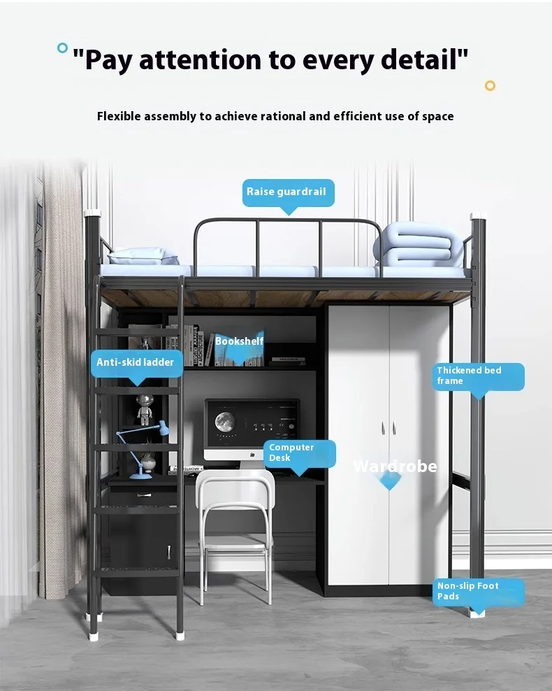 product college dormitory high low iron frame bed steel wood combination wardrobe wrought iron bed for apartment dorm wrought iron bed-1