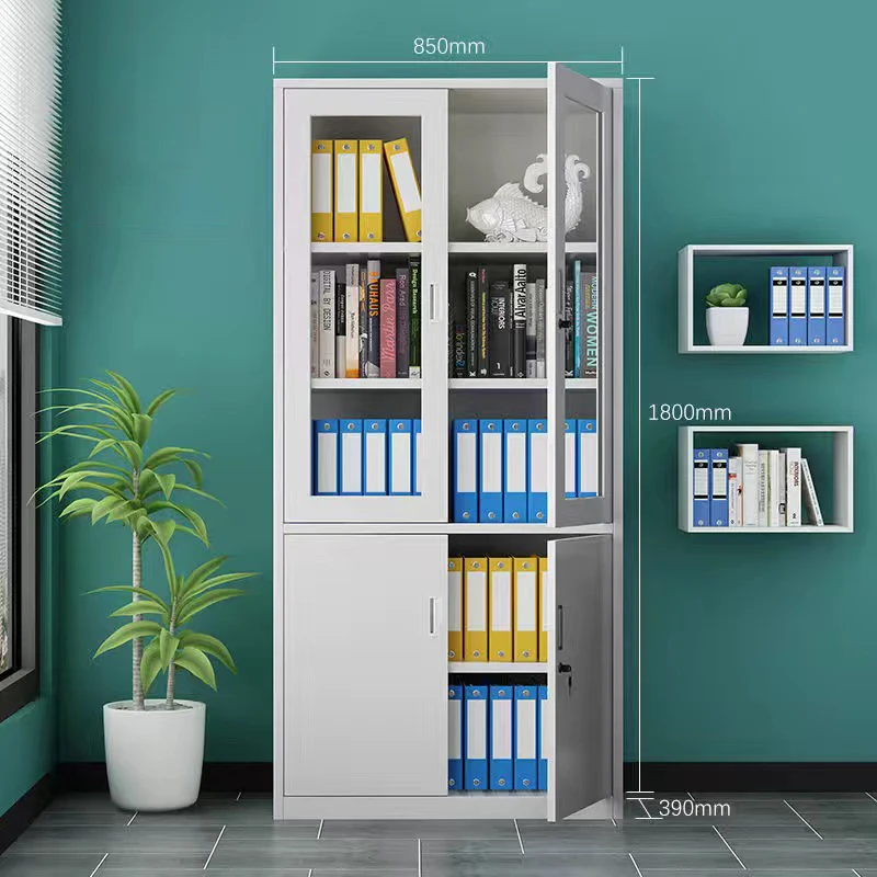 Steel Filing Cabinet with Top Glass Double Doors, 3 Drawers, 1 Lockable Compartment, and Bottom Metal Double Doors