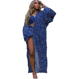 Vintage Fashion Fall Winter Streetwear Unique Casual Sexy Ripped Long Cardigan Washed Jean Denim Breathable Trench Coat Loose
