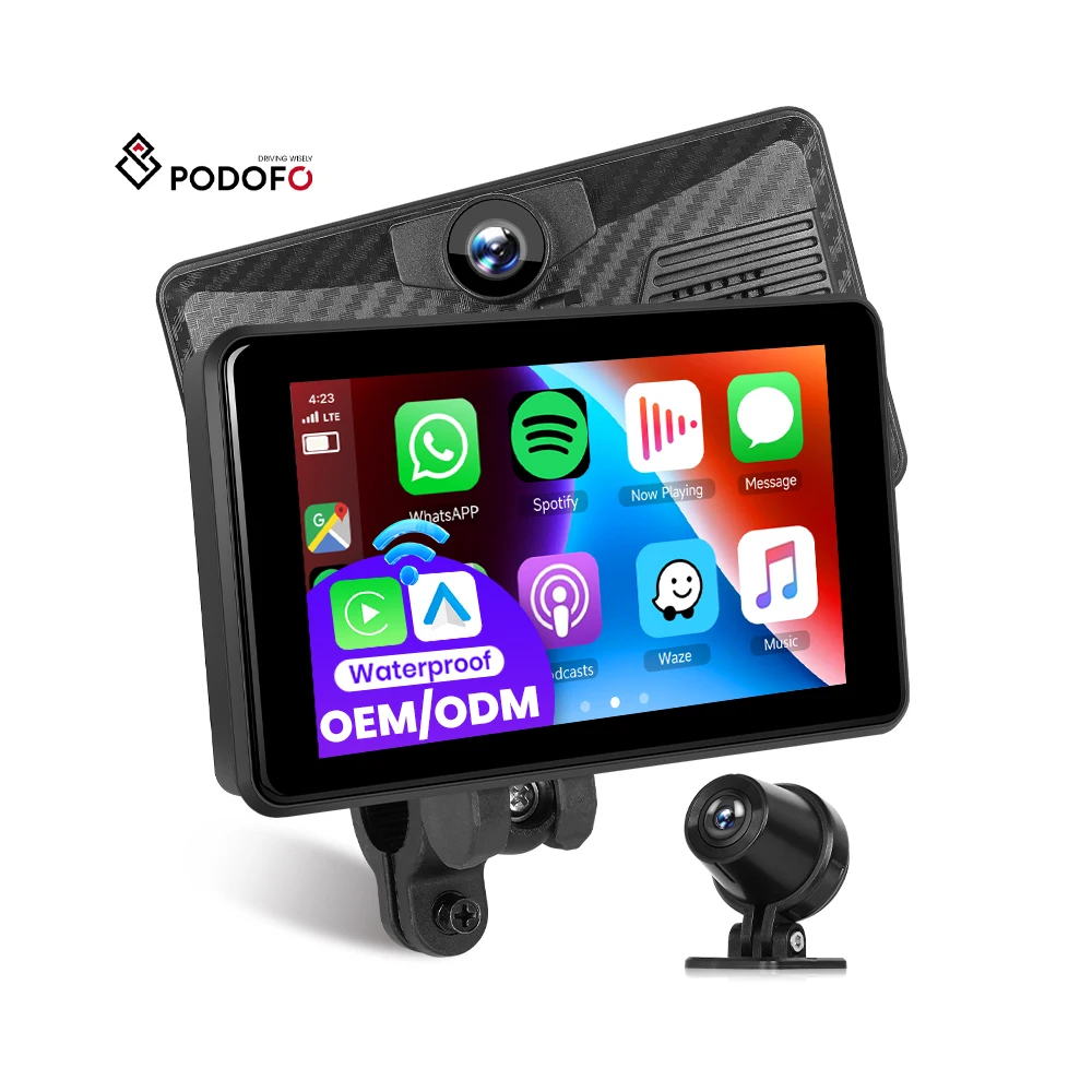 Podofo 5 Inch Motorcycle Portable Wireless Carplay Screen Android Auto Recording DVR Navigation GPS with Front Rear Camera A3996