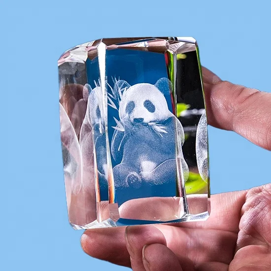 K9 Crystal Gifts 3d Laser Engraved Crystal Glass Cube Panda with LED light base