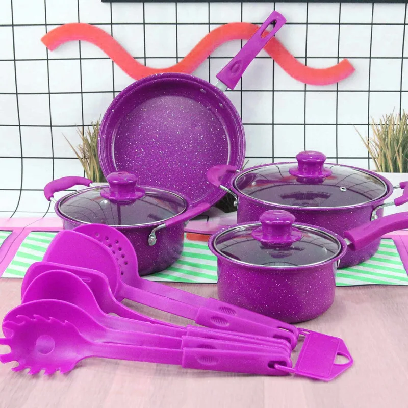 Hot Selling Colorful 13-Piece Non-Stick Multi-Functional Soup Milk Pot Sets Frying Pan Gift Purple Red Blue Cooking Kitchenware