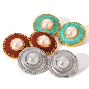 Vintage Stainless Steel  Earrings 18K Gold Stainless Steel Red Green Silver Oil Drop Pearl Round Pearl Earrings for Girls