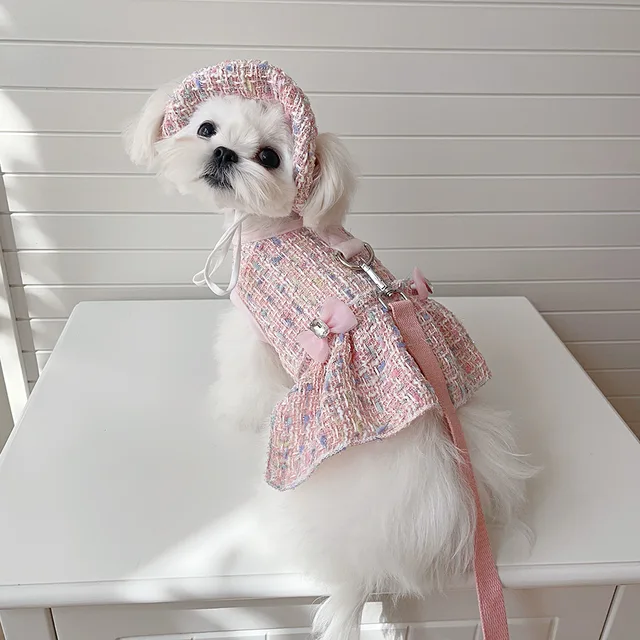 Original Design Pet Dog Dress Harness with Leash Summer Hat Elegant Pet Clothes Supplier Wholesale