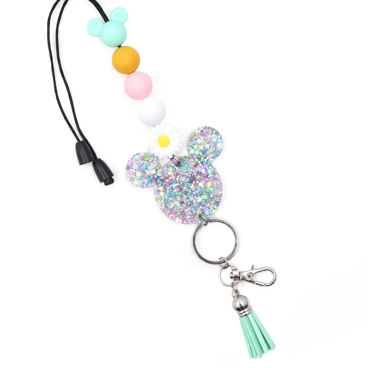 YYXKH1374 Keychain Cute Green Silicone Mouse Bead Laser Cutting Acrylic Certificate Lanyard UV Printing Stainless Steel Metal