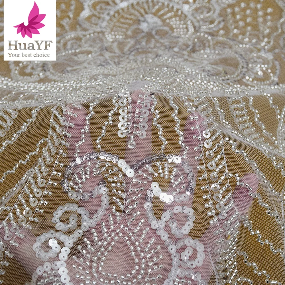 HY2559 Top High-end White Embroidered Lace Fabric Sequin Tulle Lace With Beads Wedding Dress Fabric HY2559 Top High-end White Embroidered Lace Fabric Sequin Tulle Lace With Beads Wedding Dress Fabric