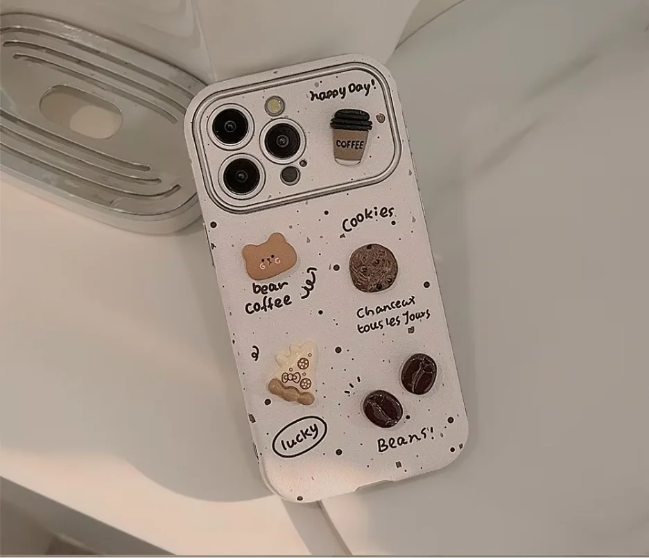 Splash-ink 3D Coffee Bear Handmade  Phone Cover Electroplated Frame Big Window Cell Phone Case for Iphone 16 15 14 13 12