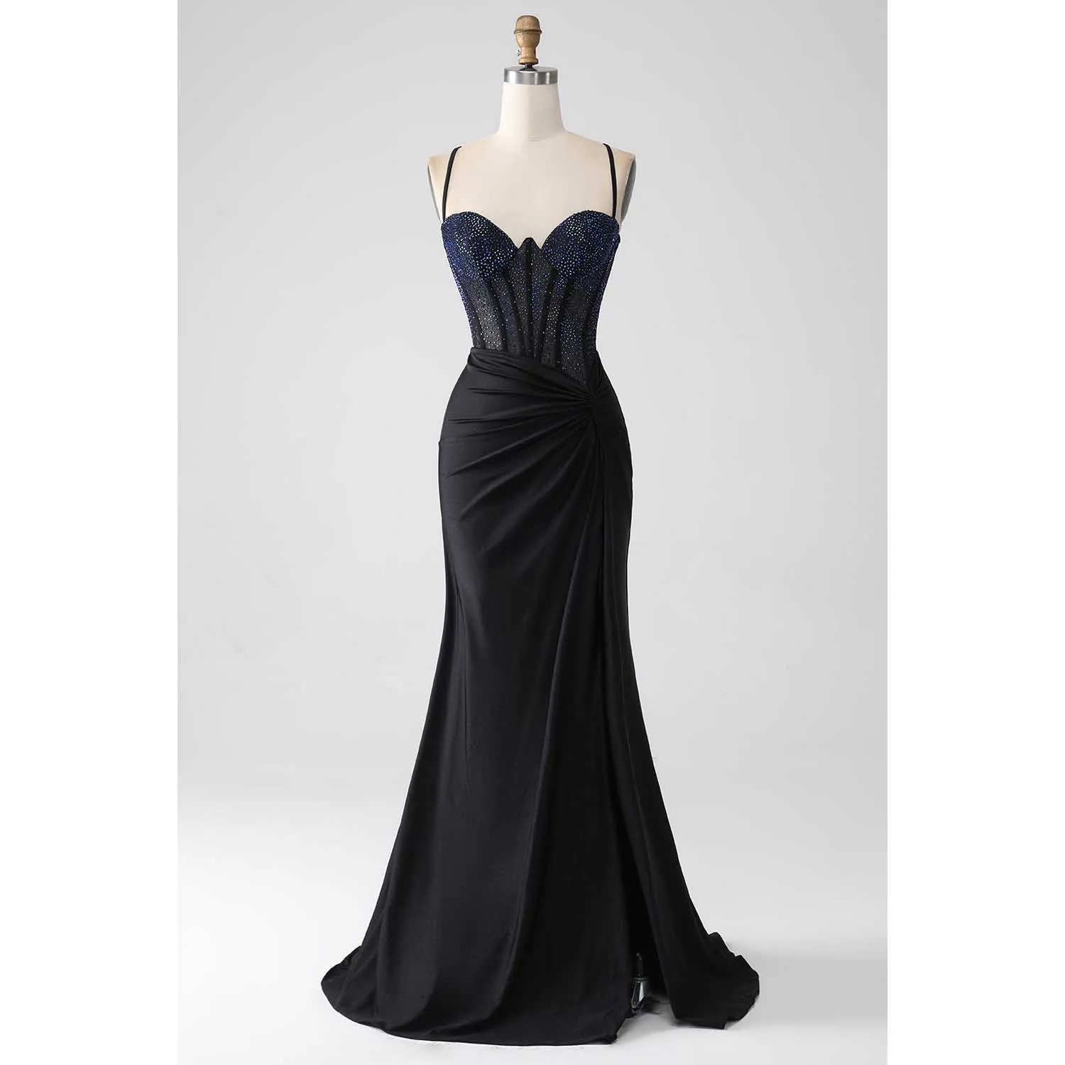 black and red homecoming dresses Zapakasa Women Mermaid Black Spaghetti Straps Long Prom Dress with Slit  Criss Cross Back Formal Dress main image 1