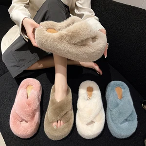 Fashion Vegan Open Toe Mule Fluffy Warm Fur House Slippers for Women Cross Furry 7cm High Platform Candy Color Fur Slipper