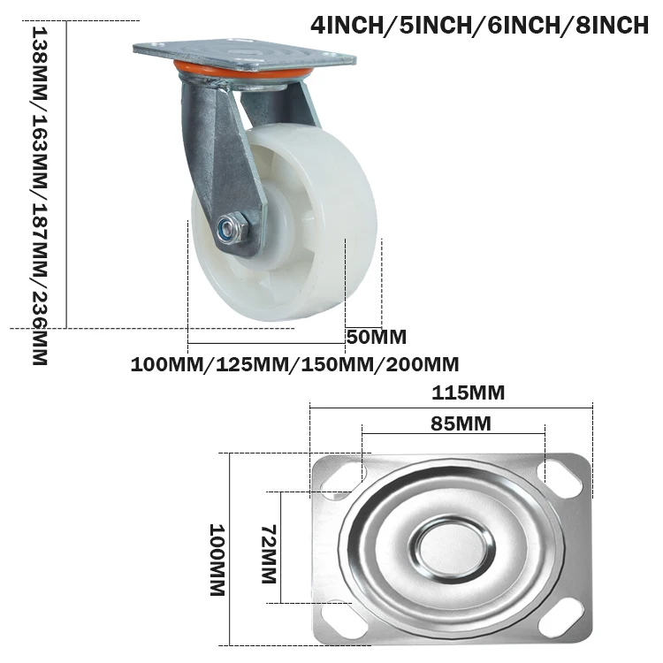 Wholesale 300 kg load capacity 6 inch industrial heavy duty swivel  nylon caster wheels factory