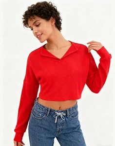 Women's Casual Slim-Fit Crop Waffle Breathable Cotton Plain Dyed T-Shirt Comfortable Daily Top