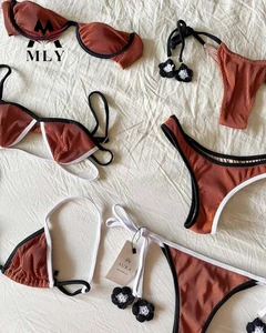 MLY Custom 2026 Black New Solid Color Throng Bikini Push up Sexy Swimwear Bikini Double-layer Swimsuit