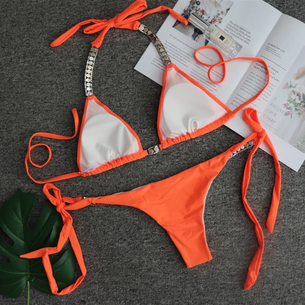 2022 New Solid Color Sexy Bandage Bikini Set European And American Swimsuit Luxury Rhinestone
