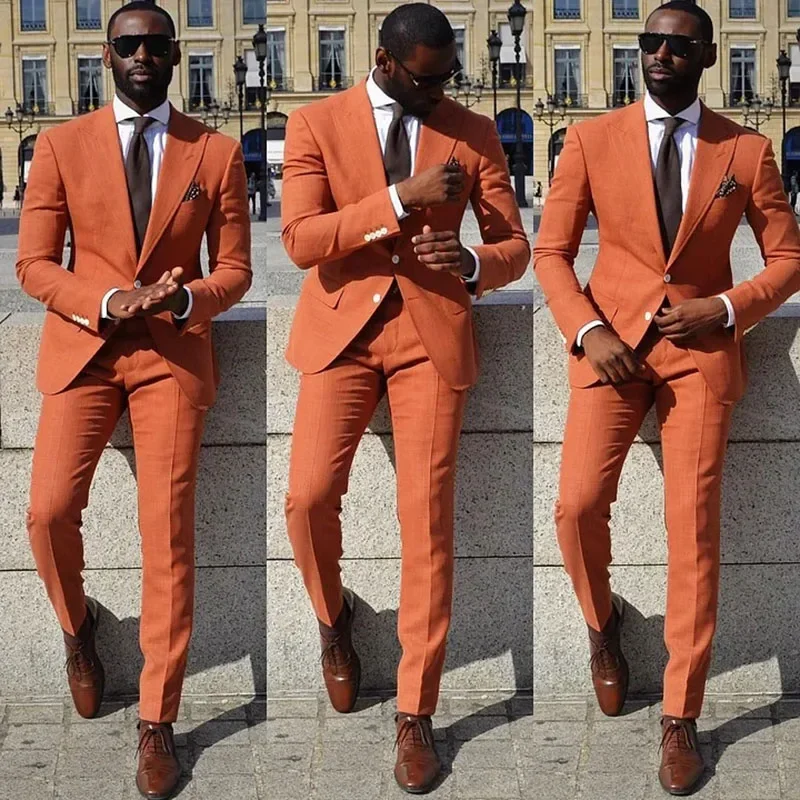 Luxury Orange Men s Suits Regular Length Single Breasted Peaked Lapel Formal Occasion Blazer Male Clothing 2 Piece Jacket Pants