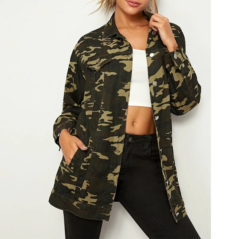 Womens Camo Jean Jacket Ripped Windbreaker Long Woman Fatigue Jacket Women  Camouflage Chamarras Mujer