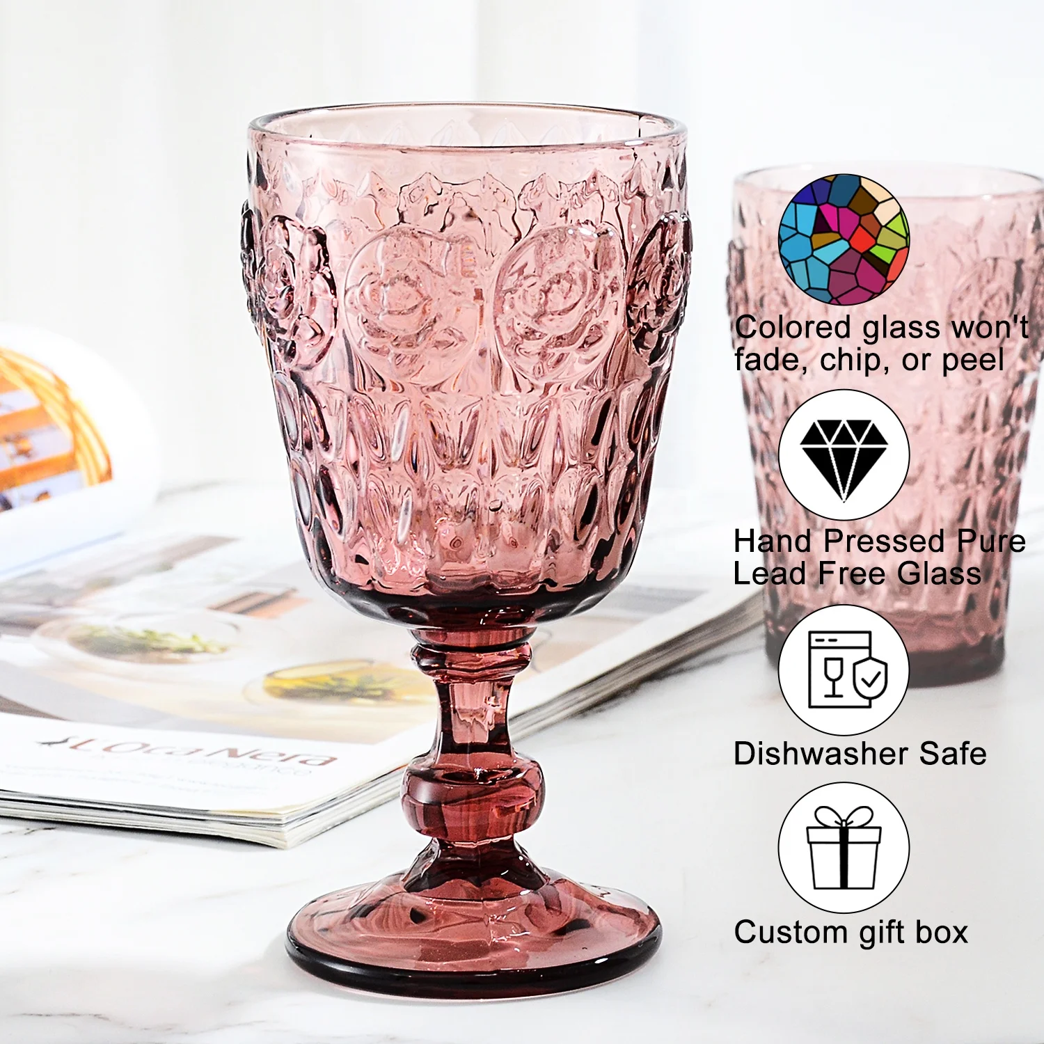 Samyo Wholesale Custom Multi Colored Glassware Vintage Thick Stem Embossed Rose Goblets Glass Engraved Wine Glasses