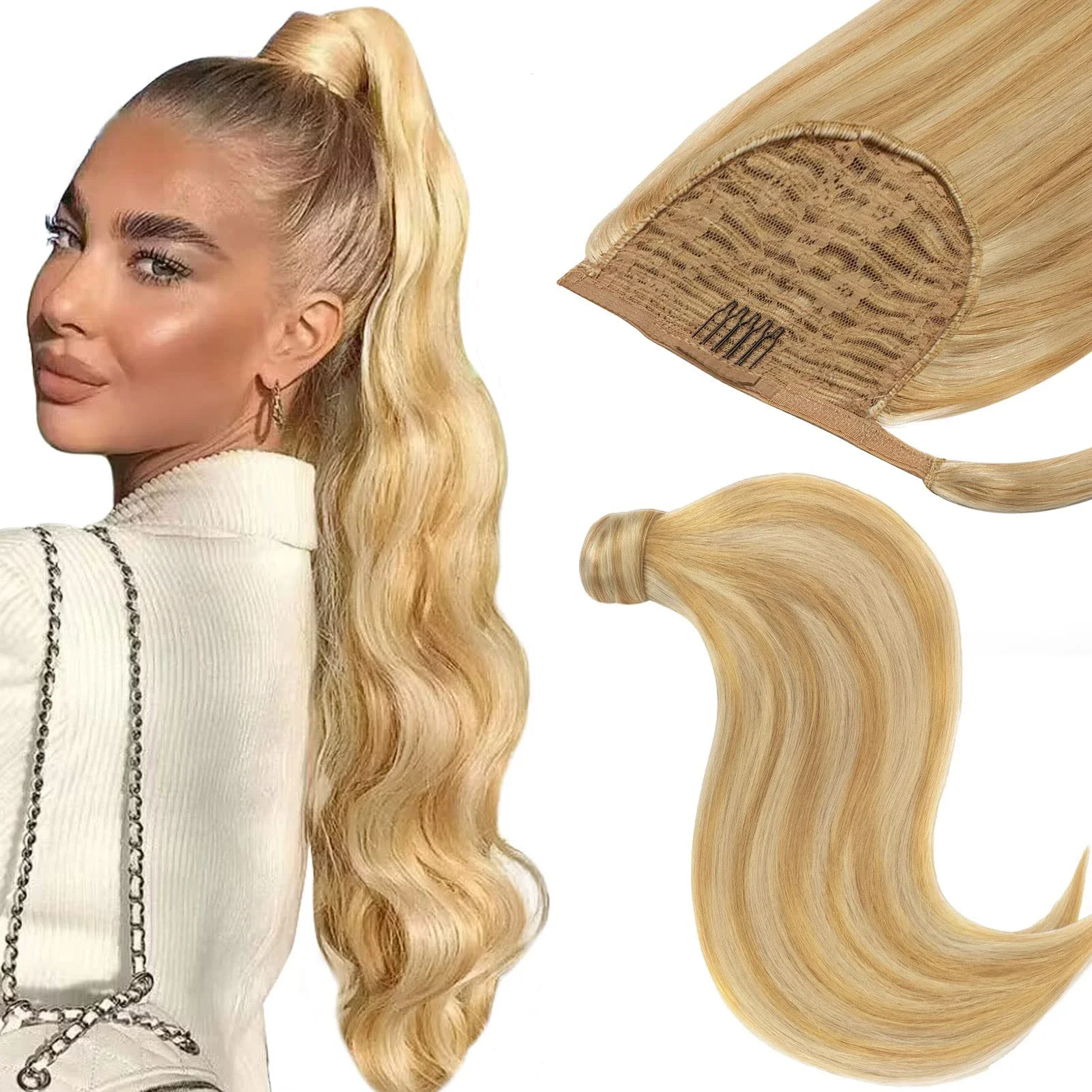 Extension per coda di cavallo con capelli umani, avvolgenti, #P8/613, con clip colorate, capelli Remy, 16-26 pollici, 1 pezzo_voghion.com