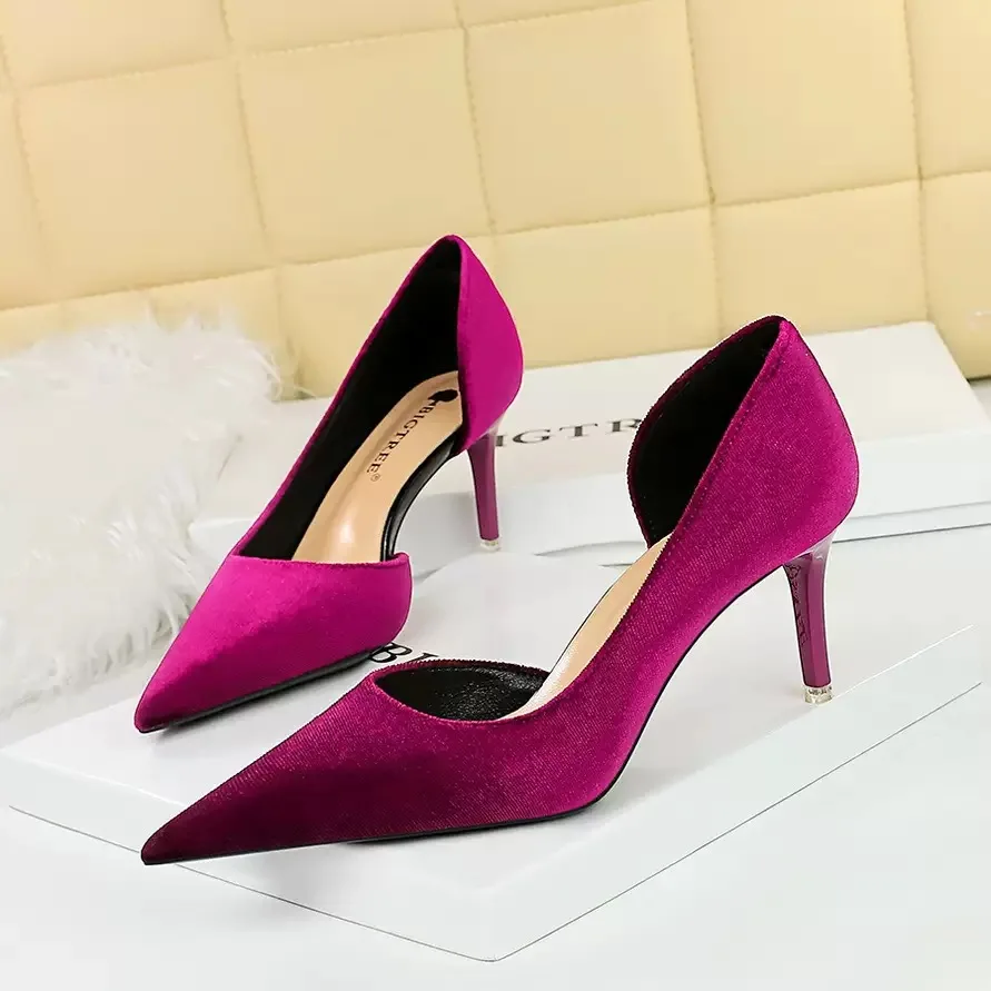 7Cm/10CM Talon Haut New Material Office Dress Shoes Side Cut Purple High  Heels for Lady