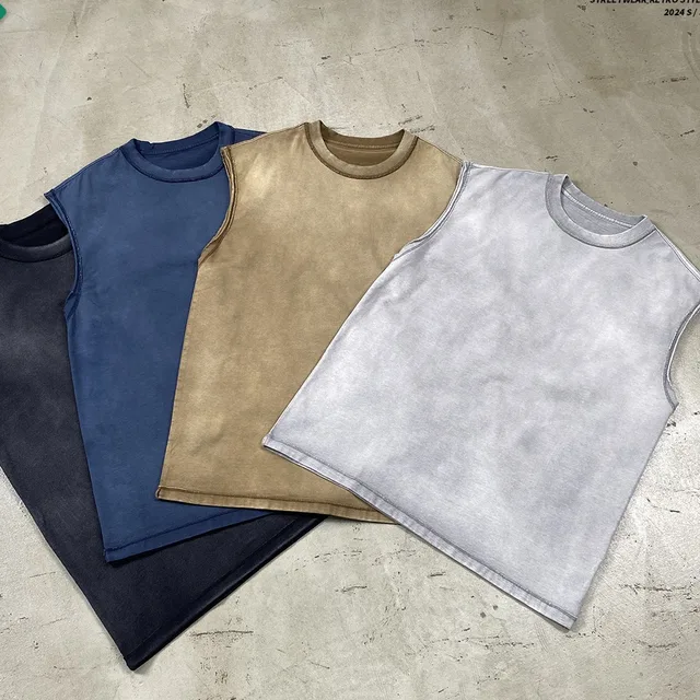 2024 New American Street Fashion Retro Sleeveless T shirt Loose Tank Top Edge Batik Distressed Washed Men's T-shirt