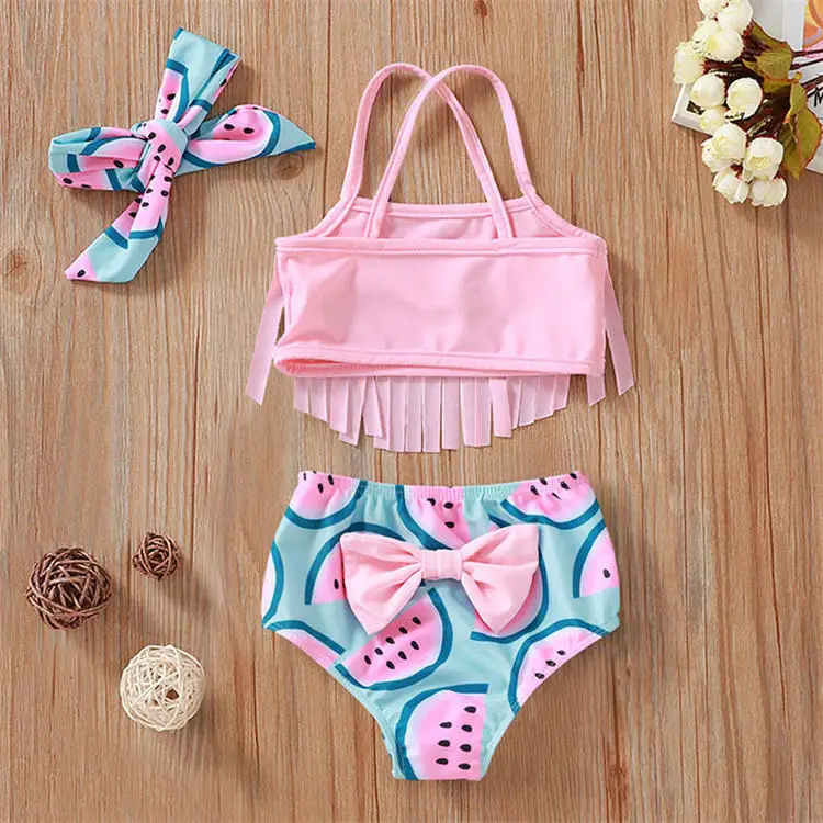 Summer Little Girls Cover Up Swimwear Kids Bathing Suit Two-piece Fruits Watermelon Print Tassel Girl Tankinis Swimsuits