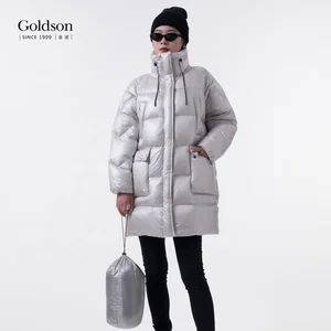 Woman Mandarin Collar With Stopper Cozy Fluffy Puffer Shinny Puffer Duck Down Jacket for Winter