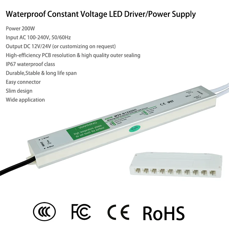 Slim Design IP67 Waterproof  DC 24V 200W SMPS DC 12V LED Switching Power Supply for LED Strips Mirror Light Cabinet Light