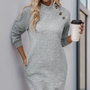 Women's Long Sleeve Hooded Snap Button Detail Raised Two Thread Dress