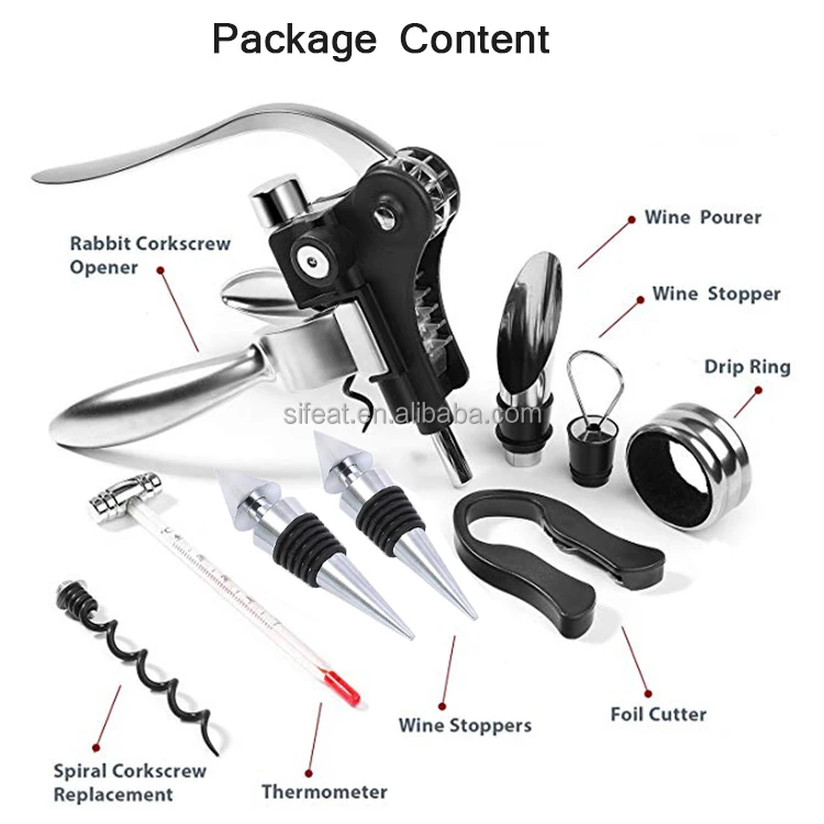Leather Box Vertical Lever Corkscrew Bottle Openers Wine Tool Set Rabbit Wine Opener Set with Foil Cutter Wine Pourer Stopper
