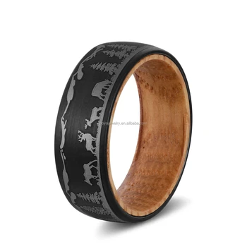 POYA 8mm Forest Landscape Engraved Whiskey Barrel Wood Inlay Black Tungsten Ring Gift for Men