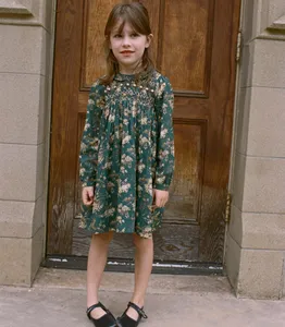 Customized  OEM ODM Elegant Summer Long Sleeves Smocking Embroidery Baby Girls Party Dress With Waistcoat