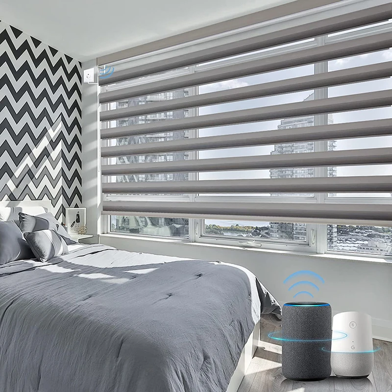 Child Safe Motorized Blackout Cordless zebra Blinds Smart Double Layer Electric Window Roller Blinds