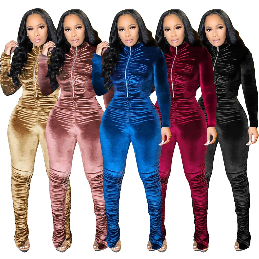 2025 Fall Winter Women Solid Color Long Sleeve Joggers Pants 2 Piece Set Women Velour Velvet Tracksuit Sweatsuit