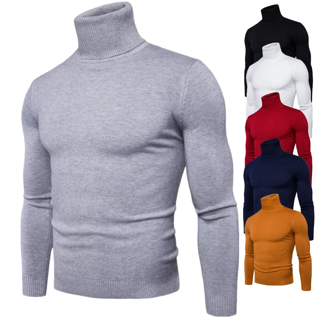 New Spring Autumn Men Fashion Knit Choker High Collar Long Sleeve Solid Color Slim Casual Tops Blouse Knitwear Sweater